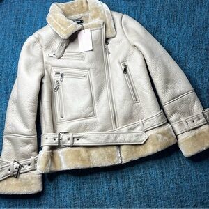 Missguided Premium Zip Detail Aviator Jacket in Stone Women's Size 2 NWT